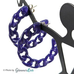 Retro Purple Enameled Curb Style Chain Hoop Pierced Earrings